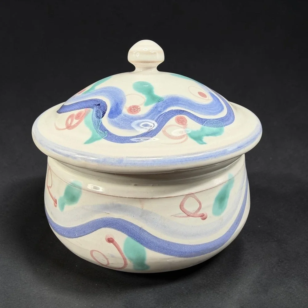 Nicola Fasano Italy Pier 1 Ceramic Lidded Jar Hand Painted Abstract Blue Pink 4